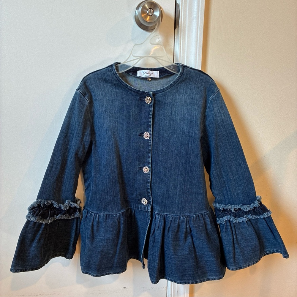 Dondup girls fancy denim jacket, bell sleeves, rhinestone buttons size L